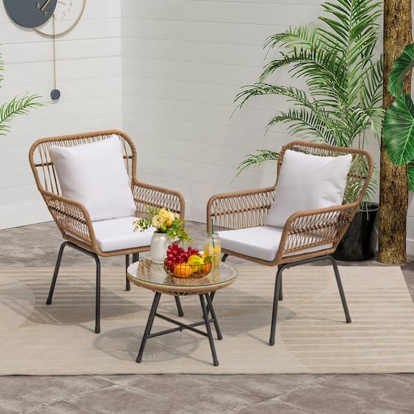 Foredawn Boho 3 Piece Handwaven Wicker Patio Conversation Set With Round  Table And Off White Cushion Pcs013082 – The Home Depot In 3 Piece Outdoor Boho Wicker Chat Set (Photo 7 of 15)