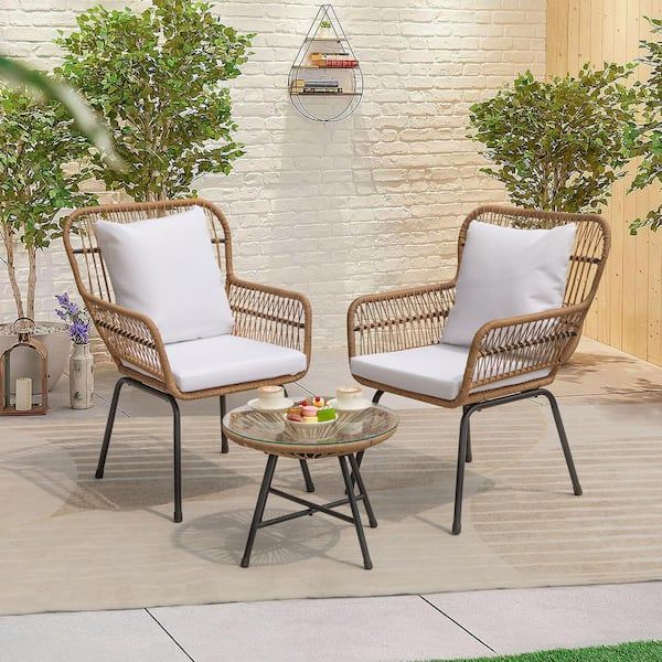 Foredawn Boho 3 Piece Handwaven Wicker Patio Conversation Set With Round  Table And Off White Cushion Pcs013082 – The Home Depot Throughout 3 Piece Outdoor Boho Wicker Chat Set (View 8 of 15)