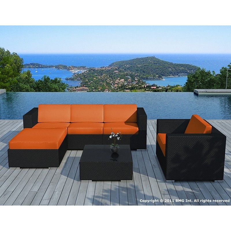 Garden Furniture 5 Squares Seville Woven Resin (black, Orange Cushions) In Cushions & Coffee Table Furniture Couch Set (Photo 7 of 15)