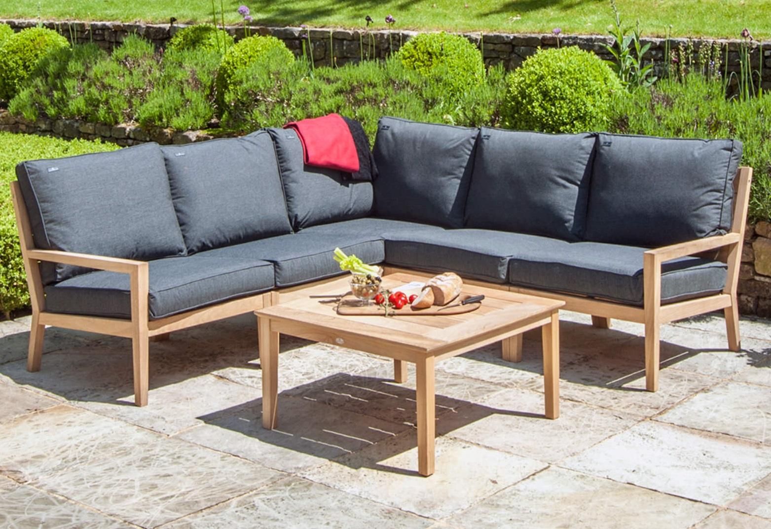 Garden Lounge Corner Sofa Set In Roble Hardwood With Grey Cushions With Wood Sofa Cushioned Outdoor Garden (View 7 of 15)