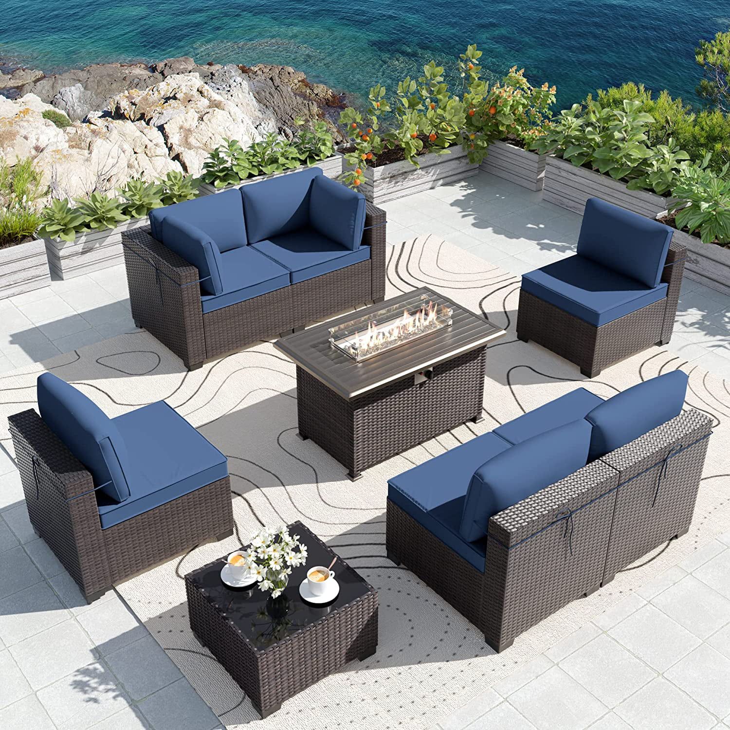 Gotland Outdoor Patio Sectional Furniture Set With 43" Propane Table 8pcs  Red Sponge Rattan Wicker – Walmart With Regard To 8 Pcs Outdoor Patio Furniture Set (View 10 of 15)