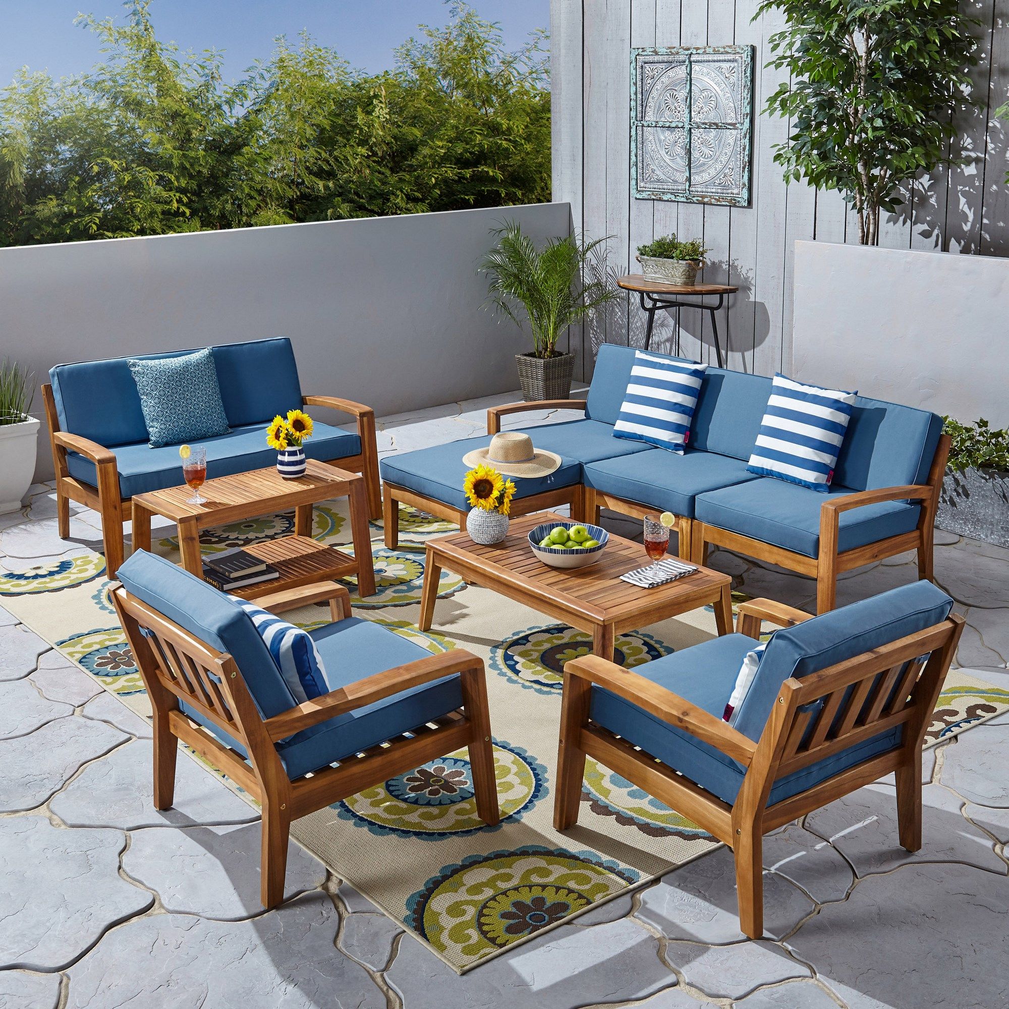 Grenada 7 Seater Sectional Sofa Set For Patio With Loveseat, Club Chairs,  Ottoman, And Coffee Tables, Acacia Wood, Teak Finish With Blue Outdoor  Cushions Pertaining To Outdoor Cushioned Chair Loveseat Tables (View 12 of 15)