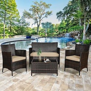 Gymax 4 Pieces Rattan Patio Outdoor Furniture Set With Beige Cushioned  Chair Loveseat Table Gymhd0019 – The Home Depot Pertaining To Cushioned Chair Loveseat Tables (View 3 of 15)