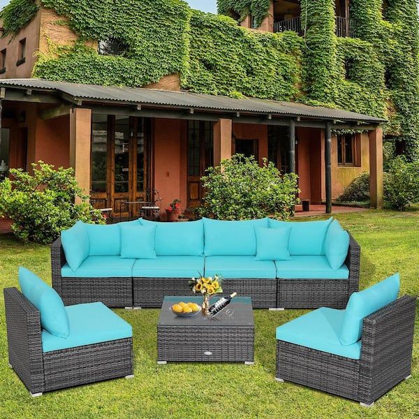 Gymax 7 Piece Wicker Outdoor Patio Rattan Sectional Sofa Set Furniture Set  With Turquoise Cushions Gym10228 – The Home Depot With 7 Piece Rattan Sectional Sofa Set (View 13 of 15)