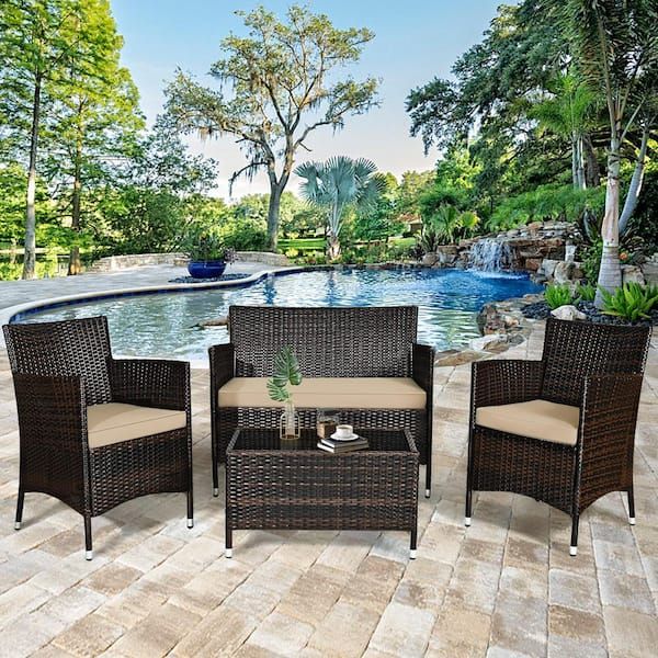Gymax 8 Piece Rattan Patio Outdoor Furniture Set With Cushioned Chair  Loveseat Table With Brown Cushions Gymhd0020 – The Home Depot Intended For 8 Piece Patio Rattan Outdoor Furniture Set (Photo 12 of 15)