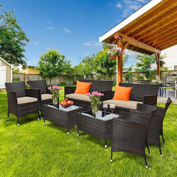 Gymax 8 Piece Rattan Patio Outdoor Furniture Set With Cushioned Chair  Loveseat Table With Brown Cushions Gymhd0020 – The Home Depot Intended For Outdoor Cushioned Chair Loveseat Tables (View 8 of 15)