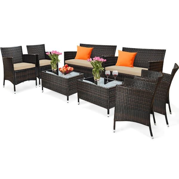 Gymax 8 Piece Rattan Patio Outdoor Furniture Set With Cushioned Chair  Loveseat Table With Brown Cushions Gymhd0020 – The Home Depot With Cushioned Chair Loveseat Tables (View 13 of 15)