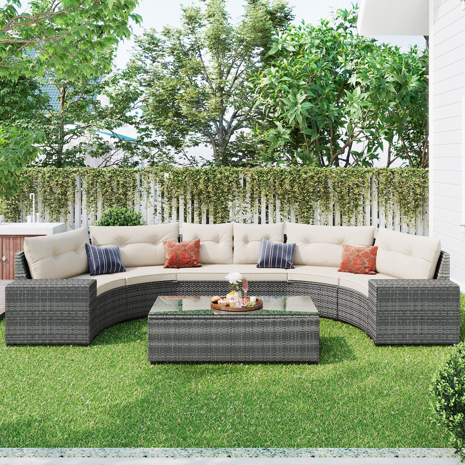 Gzmr Patio Furniture Set 8 Piece Rattan Patio Conversation Set With  Off White Cushions In The Patio Conversation Sets Department At Lowes Throughout 8 Piece Patio Rattan Outdoor Furniture Set (Photo 4 of 15)