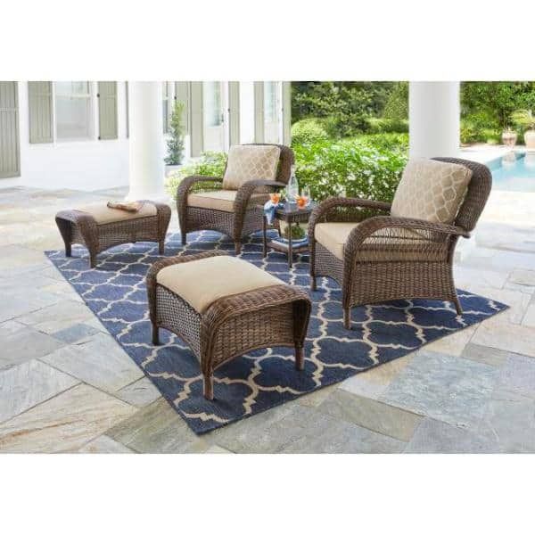 Hampton Bay Beacon Park Brown Wicker Outdoor Patio Ottoman With  Cushionguard Toffee Trellis Tan Cushions Frs80812cf – The Home Depot Pertaining To Brown Wicker Chairs With Ottoman (View 8 of 15)