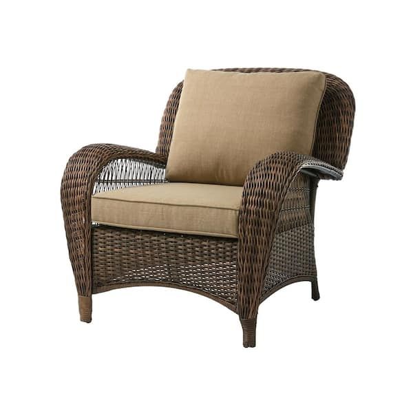 Hampton Bay Beacon Park Brown Wicker Outdoor Patio Stationary Lounge Chair  With Toffee Tan Cushions Frs80812c – The Home Depot Regarding Brown Wicker Chairs With Ottoman (Photo 3 of 15)