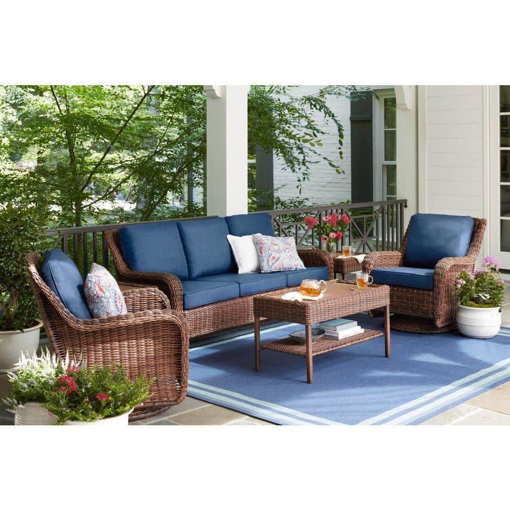 Hampton Bay Cambridge Brown 4 Piece Wicker Patio Conversation Set With Blue  Cushions 65 17148b 4 – The Home Depot Throughout 4 Piece Outdoor Wicker Seating Set In Brown (Photo 7 of 15)