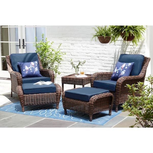 Hampton Bay Cambridge Brown Wicker Outdoor Patio Ottoman With Cushionguard  Midnight Navy Blue Cushions 65 17148b2 – The Home Depot For Brown Wicker Chairs With Ottoman (Photo 1 of 15)