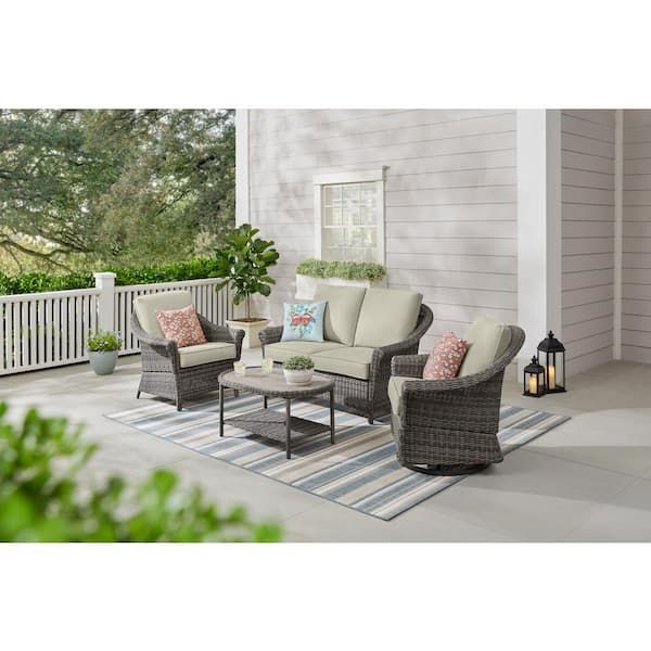 Hampton Bay Chasewood Brown 4 Piece Wicker Patio Conversation Set With  Cushionguard Biscuit Cushions 505.1054.000 – The Home Depot Throughout 4 Piece Outdoor Wicker Seating Set In Brown (Photo 8 of 15)
