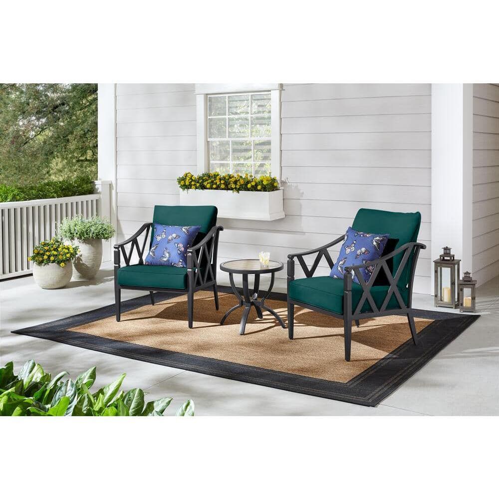 Hampton Bay Harmony Hill 3 Piece Black Steel Outdoor Patio Stationary  Conversation Set With Cushionguard Malachite Green Cushions Gl 19044 3st Mg  – The Home Depot For Outdoor Stationary Chat Set (View 4 of 15)