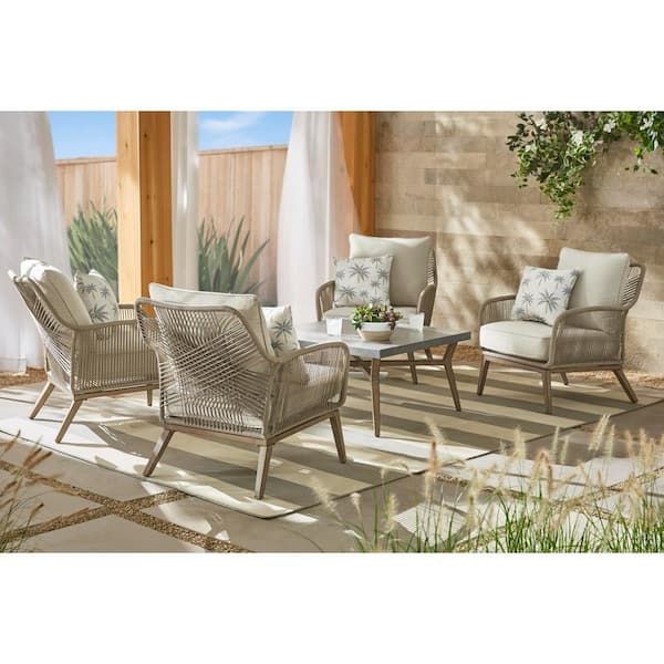 Hampton Bay Haymont 5 Piece Steel Wicker Outdoor Patio Conversation Deep  Seating Set With Beige Cushions Frs80952f St – The Home Depot Intended For 5 Piece Outdoor Patio Furniture Set (View 9 of 15)