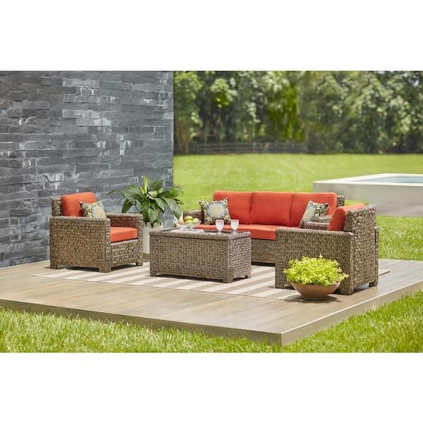 Hampton Bay Laguna Point 4 Piece Brown Wicker Outdoor Patio Deep Seating Set  With Cushionguard Quarry Red Cushions 65 516183 – The Home Depot With Regard To 4 Piece Outdoor Wicker Seating Set In Brown (Photo 13 of 15)