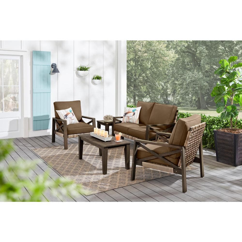 Hampton Bay Lakehaven Dark Grey 5 Piece Wood Patio Conversation Set With  Cushionguard Earth Brown Cushion S5 S028 T087 T0 – The Home Depot Inside 5 Piece Patio Conversation Set (View 14 of 15)