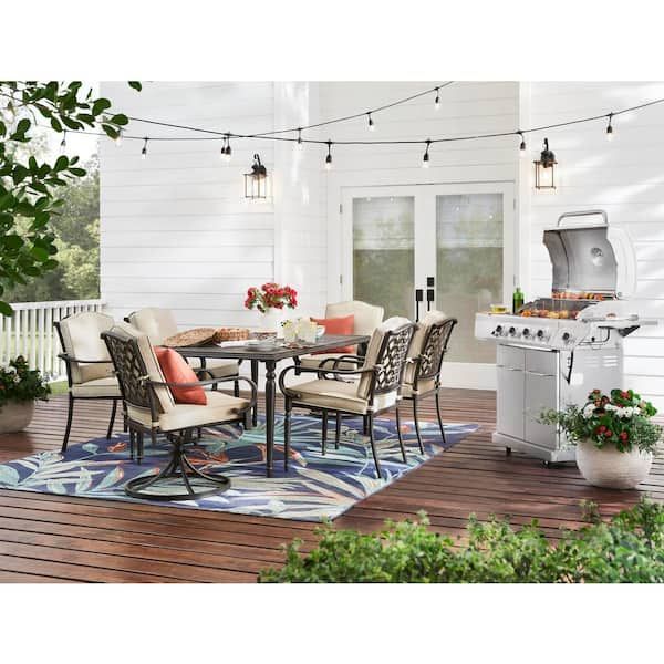 Hampton Bay Laurel Oaks 7 Piece Brown Steel Outdoor Patio Dining Set With  Cushionguard Putty Tan Cushions 525. (View 8 of 15)
