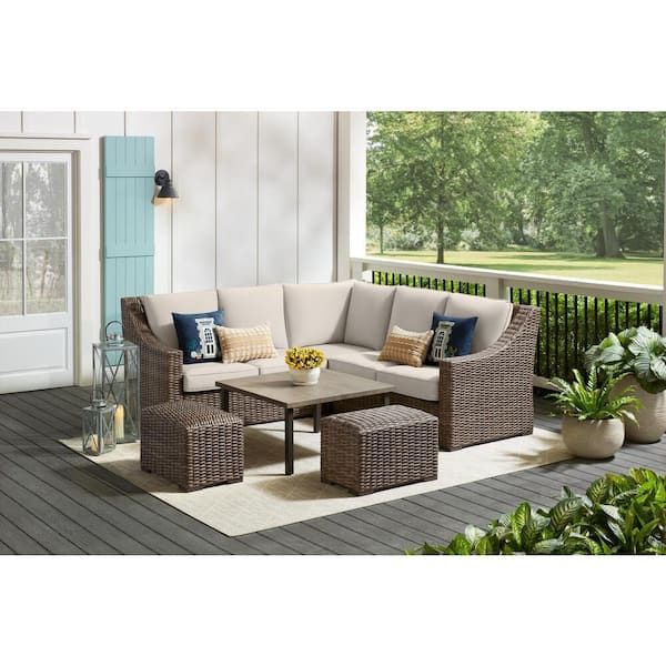 Hampton Bay Rock Cliff 6 Piece Brown Wicker Outdoor Patio Sectional Sofa Set  With Ottoman And Cushionguard Almond Tan Cushions Frs81094b Stab – The Home  Depot Pertaining To All Weather Wicker Outdoor Cuddle Chair And Ottoman Set (Photo 13 of 15)