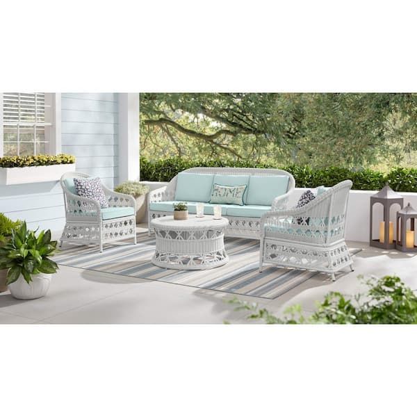 Hampton Bay Somersound 4 Piece Resin Wicker Patio Conversation Chat Set  With Cushionguard Sea Breeze Cushions 69 2314wh 474 – The Home Depot Pertaining To Outdoor Stationary Chat Set (View 14 of 15)