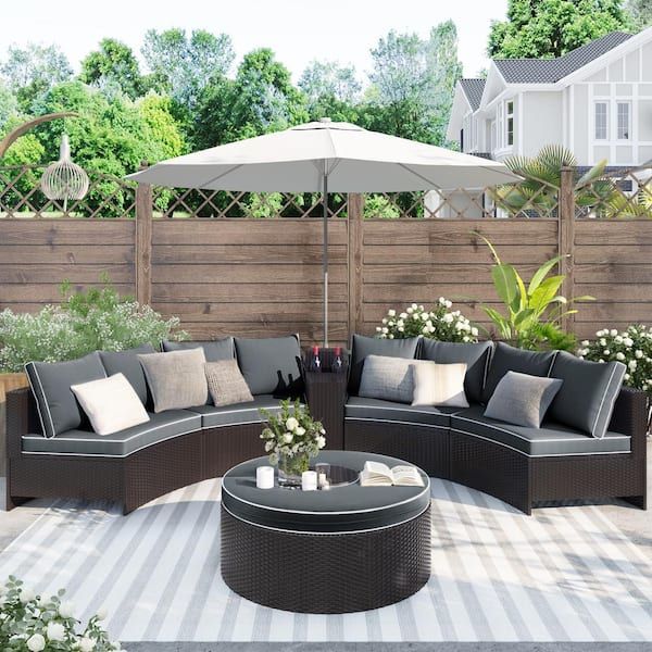 Harper & Bright Designs Half Moon Brown Wicker Outdoor Sectional Set With  Gary Cushions Sh000147aae – The Home Depot With All Weather Wicker Sectional Seating Group (Photo 9 of 15)