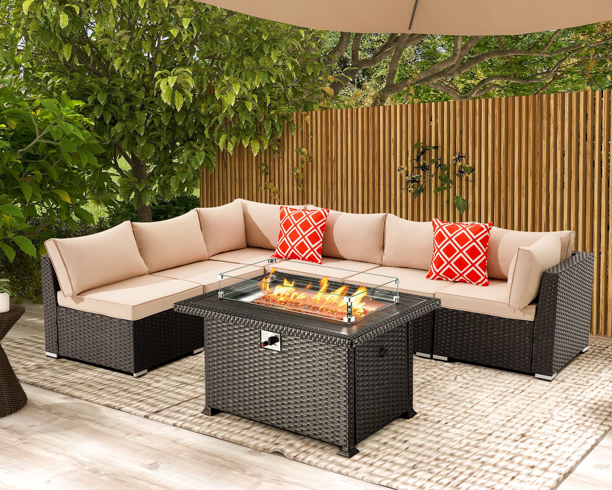 Hugiee 7 Pieces Patio Furniture Wicker Sofa Outdoor Sectional Sets With  44 Inch 50,000 Btu Gas Fire Pit Table Auto Ignition Propane Fire Pit Table,  Khaki – Walmart Pertaining To Fire Pit Table Wicker Sectional Sofa Conversation Set (Photo 3 of 15)