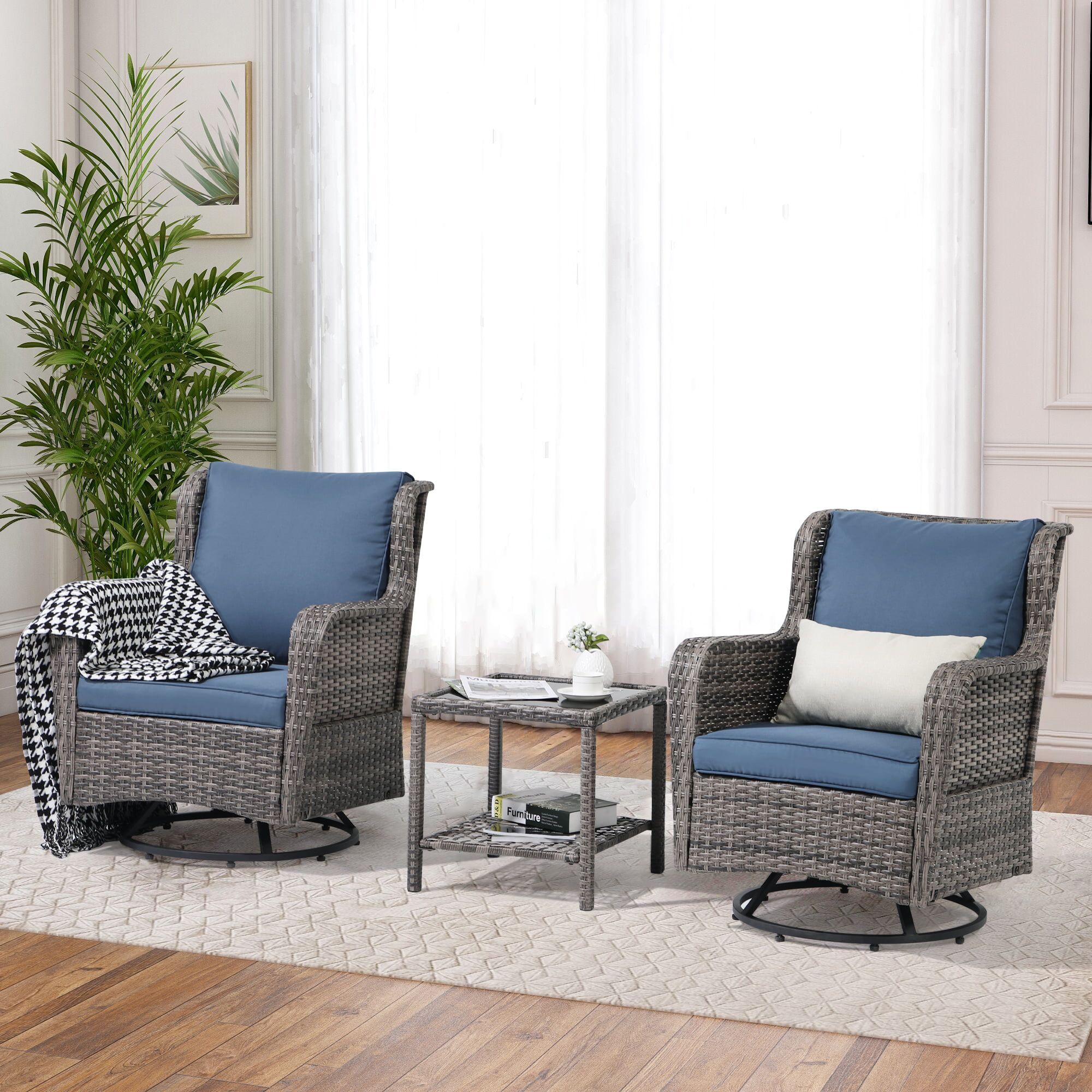 Joivi Patio Swivel Rocker Set, Outdoor Wicker Swivel Rocking Chairs With  Side Table, 3 Pieces All Weather Rattan Furniture Bistro Set With Thick  Cushions, Iron Frame, Navy Blue – Walmart In 3 Pieces Outdoor Patio Swivel Rocker Set (View 8 of 15)