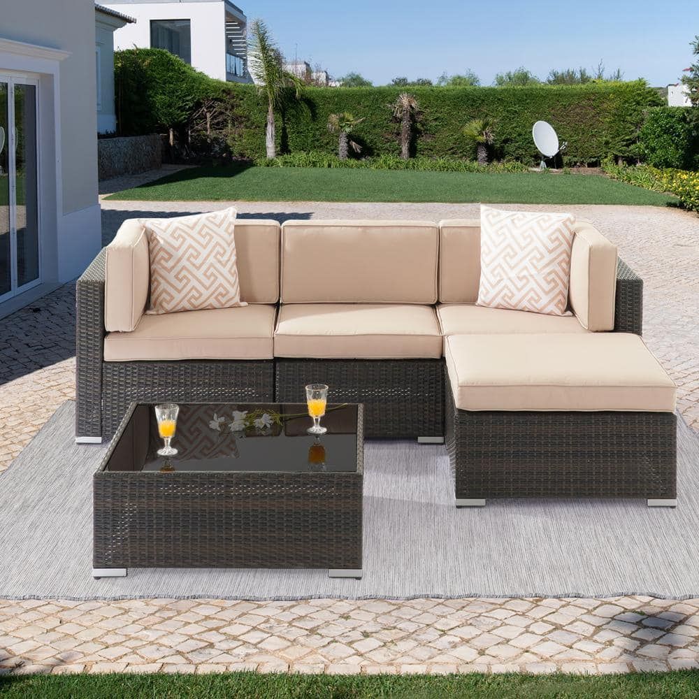 Joyesery 5 Piece Wicker Rattan Patio Conversation Sets All Weather Pe Sofa  Set With Gray Cushion, Brown Wicker J Sofa005m – The Home Depot For All Weather Rattan Conversation Set (Photo 10 of 15)