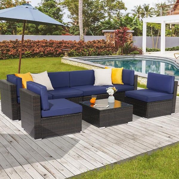 Joyesery 7 Piece Pe Rattan Wicker Outdoor Conversation Furniture Sectional  Sofa Sets For Poolside, Porch And Deck In Navy Blue J Sofa779ny – The Home  Depot Regarding 7 Piece Rattan Sectional Sofa Set (Photo 4 of 15)