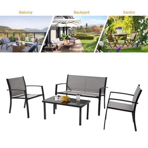 Joyesery Textilene Black 4 Piece Patio Furniture Chair Sets With Loveseat  And Coffee Table In Gray J Tesi 3700gy – The Home Depot For Loveseat Tea Table For Balcony (Photo 14 of 15)