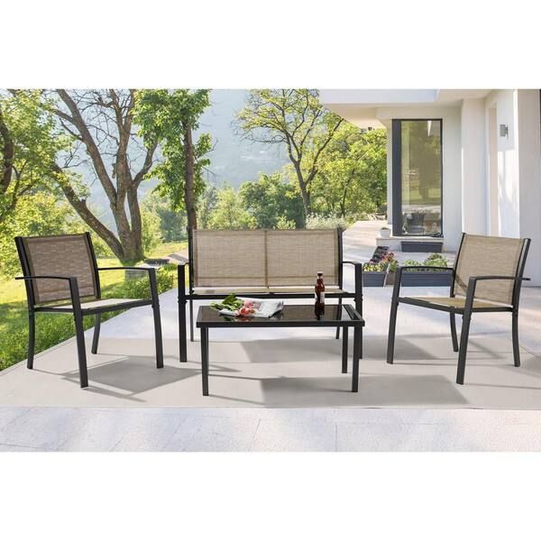 Joyesery Textilene Black 4 Piece Patio Furniture Chair Sets With Loveseat  And Coffee Table In Taupe J Tesi 3700tp – The Home Depot Throughout Loveseat Tea Table For Balcony (Photo 12 of 15)