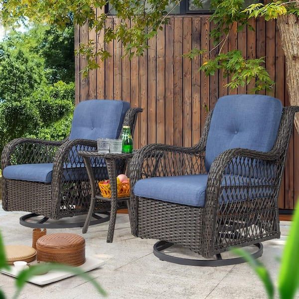 Joyside 3 Piece Brown Wicker Outdoor Swivel Rocking Chair Set With Blue  Cushions Patio Conversation Set (2 Chair) Bw3s M13 Blue – The Home Depot With Regard To Rocking Chairs Wicker Patio Furniture Set (Photo 5 of 15)