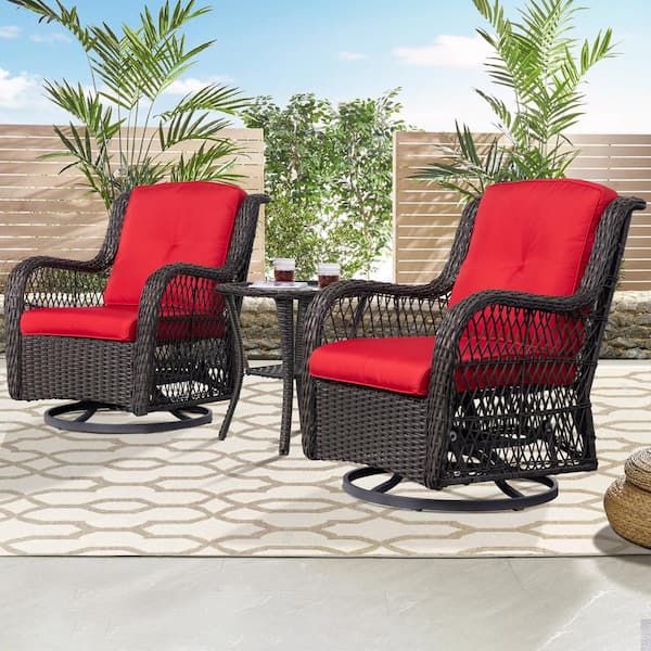 Joyside 3 Piece Brown Wicker Outdoor Swivel Rocking Chair Set With Red  Cushions Patio Conversation Set (2 Chair) Bw3s M13 Red – The Home Depot In Rocking Chairs Wicker Patio Furniture Set (View 3 of 15)
