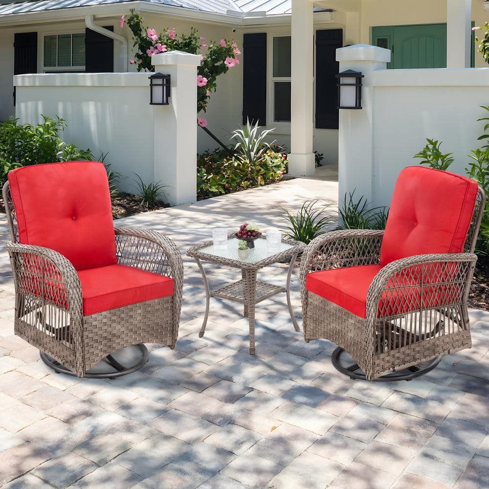 Joyside 3 Piece Wicker Outdoor Rocking Chair Patio Conversation Set Swivel  Chairs With Red Cushions And Side Table M52c Red Thd – The Home Depot In Rocking Chairs Wicker Patio Furniture Set (Photo 7 of 15)