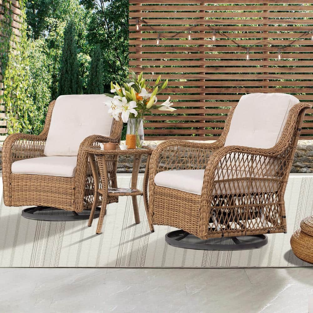 Joyside 3 Piece Wicker Outdoor Swivel Rocking Chair Set With Beige Cushions  Patio Conversation Set (2 Chair) Yw3s M12 Beige – The Home Depot For 3 Piece Cushion Rocking Chair Set (Photo 5 of 15)
