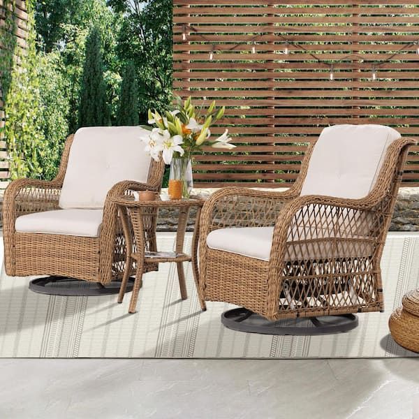 Joyside 3 Piece Wicker Outdoor Swivel Rocking Chair Set With Beige Cushions  Patio Conversation Set (2 Chair) Yw3s M12 Beige – The Home Depot In Outdoor Wicker 3 Piece Set (Photo 1 of 15)