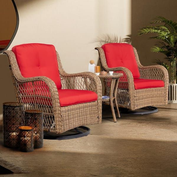 Joyside 3 Piece Wicker Outdoor Swivel Rocking Chair Set With Red Cushions  Patio Conversation Set (2 Chair) Yw3s M12 Red – The Home Depot For Rocking Chairs Wicker Patio Furniture Set (Photo 11 of 15)