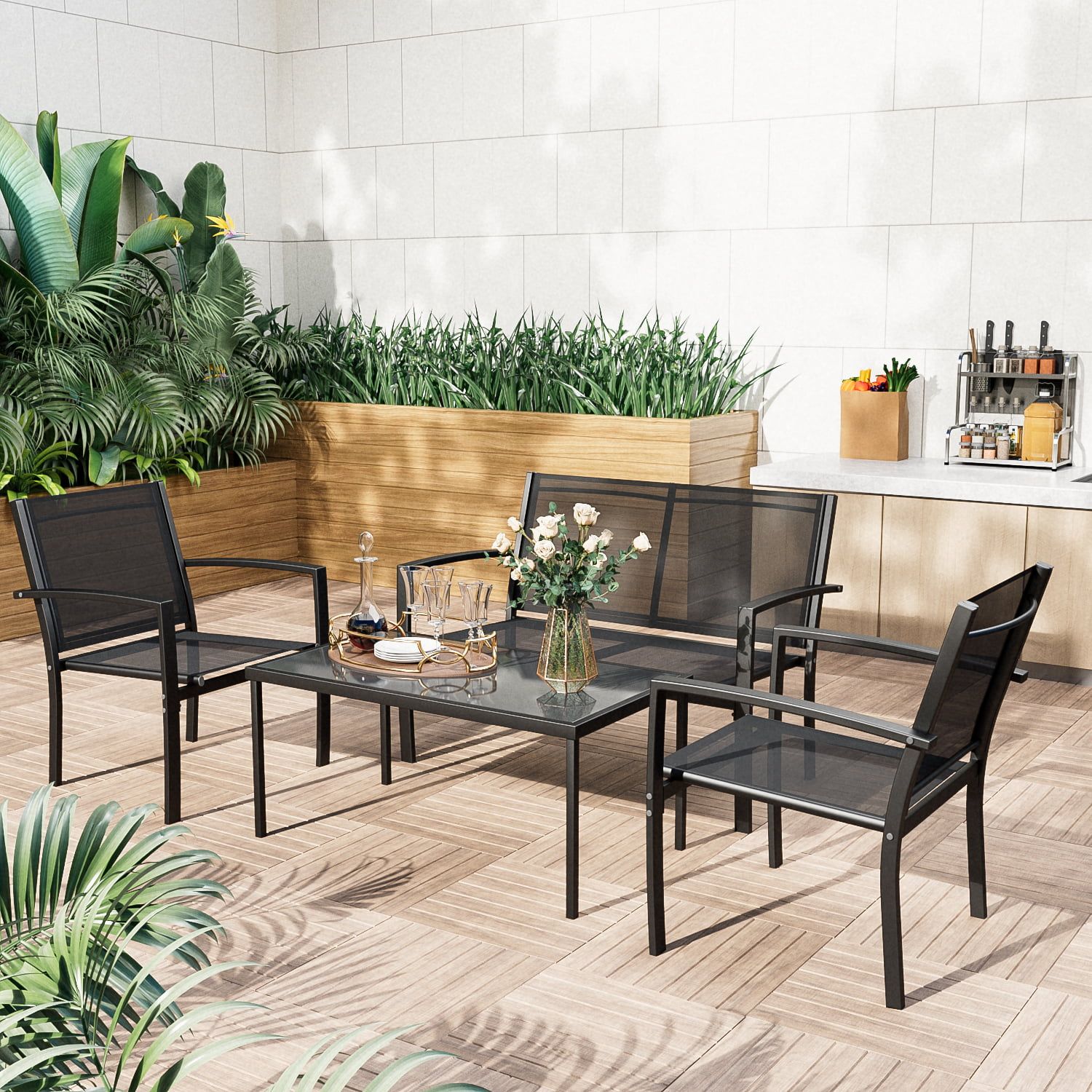 Lacoo 4 Pieces Patio Indoor Furniture Outdoor Patio Furniture Set Textilene  Bistro Set Modern Conversation Set Black Bistro Set With Loveseat Tea Table  For Home, Lawn And Balcony, Black – Walmart With Textilene Bistro Set Modern Conversation Set (Photo 1 of 15)