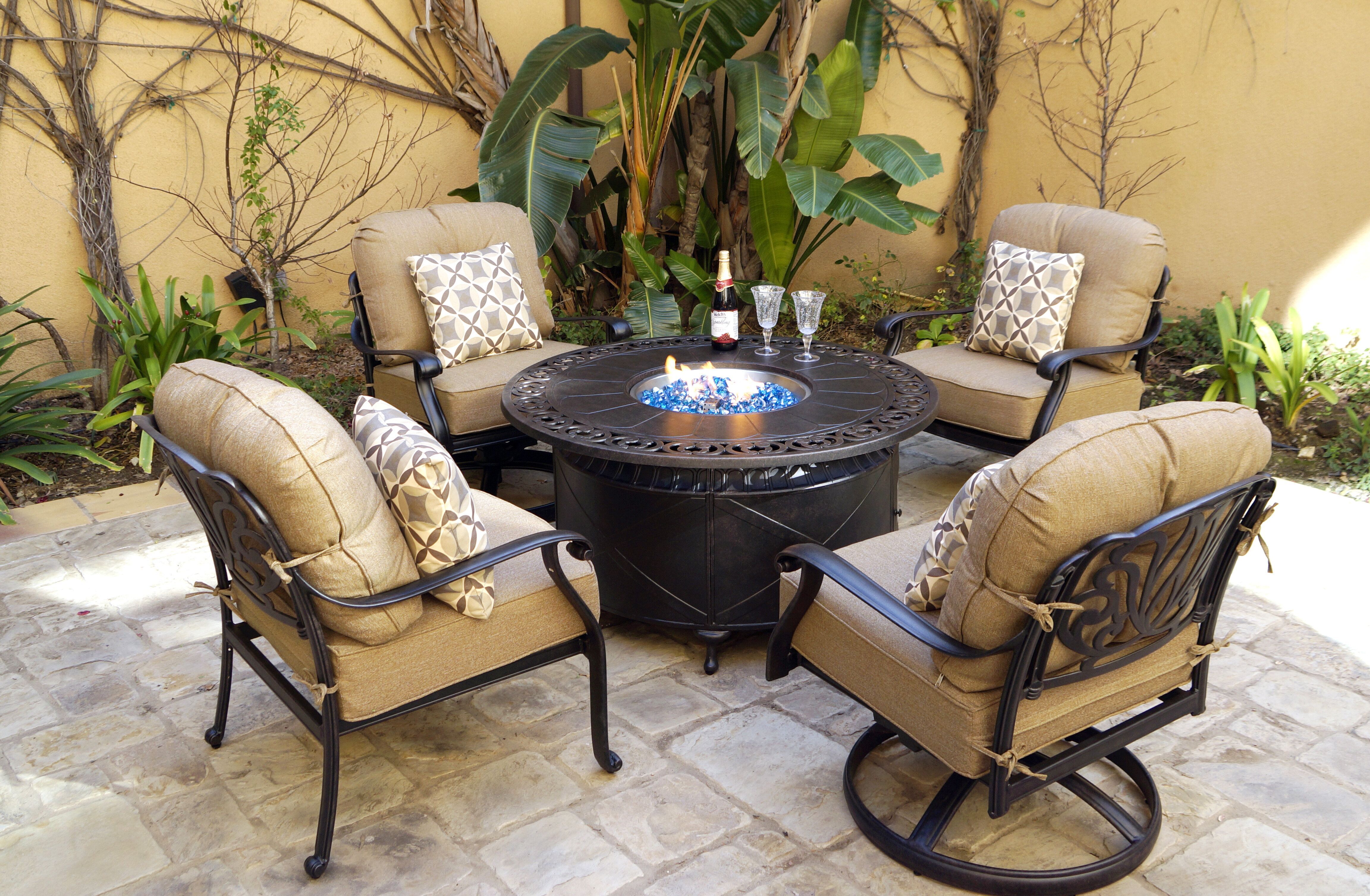 Lark Manor Annoeska 5 Piece Patio Propane Fire Pit Conversation Set With  Cushions, 47'' Round Fire Pit Chat Table & Reviews | Wayfair With Regard To 5 Piece Patio Conversation Set (Photo 15 of 15)