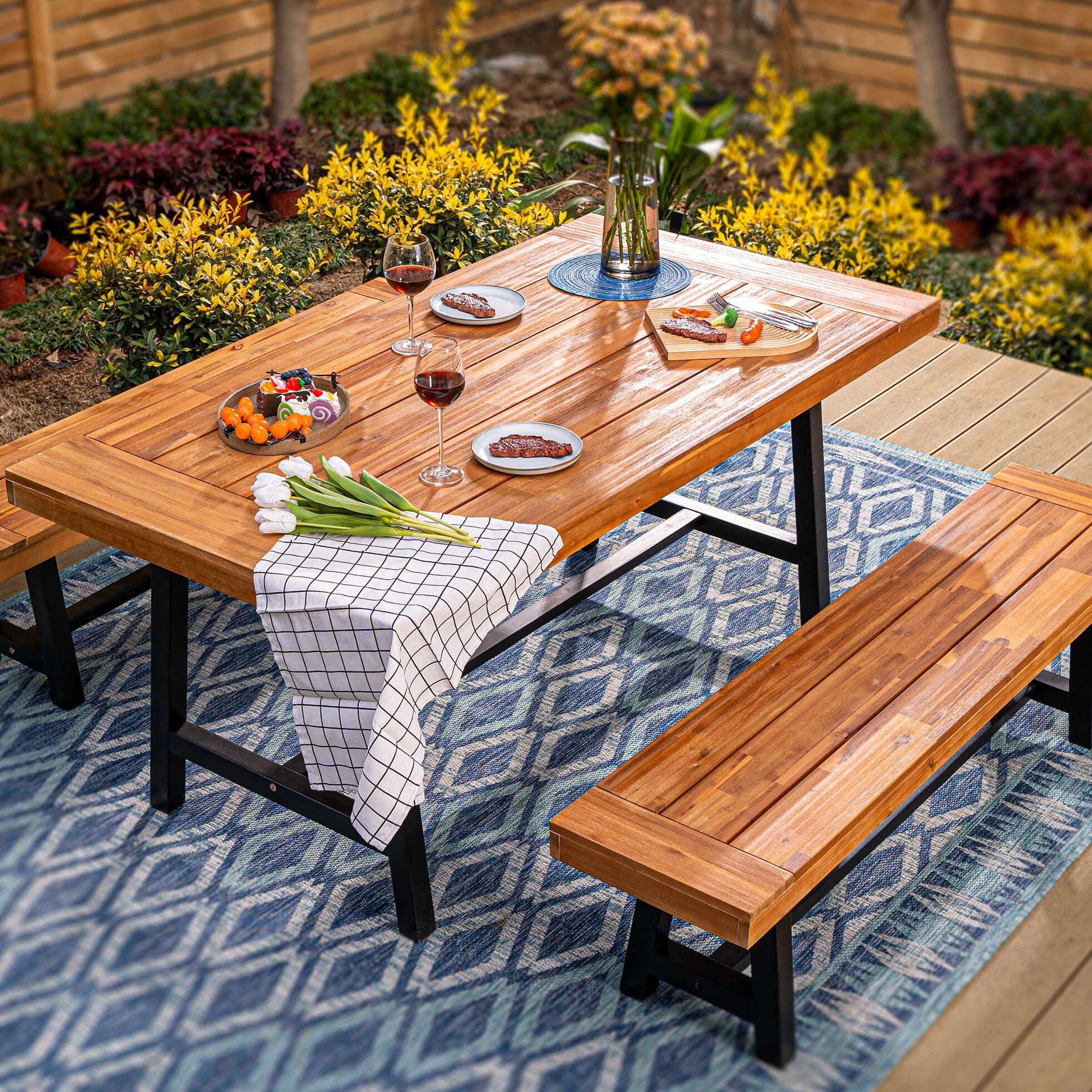 Lark Manor Mcgahan Rectangular 6 – Person Outdoor Dining Set With Cushions  & Reviews | Wayfair Within Outdoor Terrace Bench Wood Furniture Set (Photo 6 of 15)