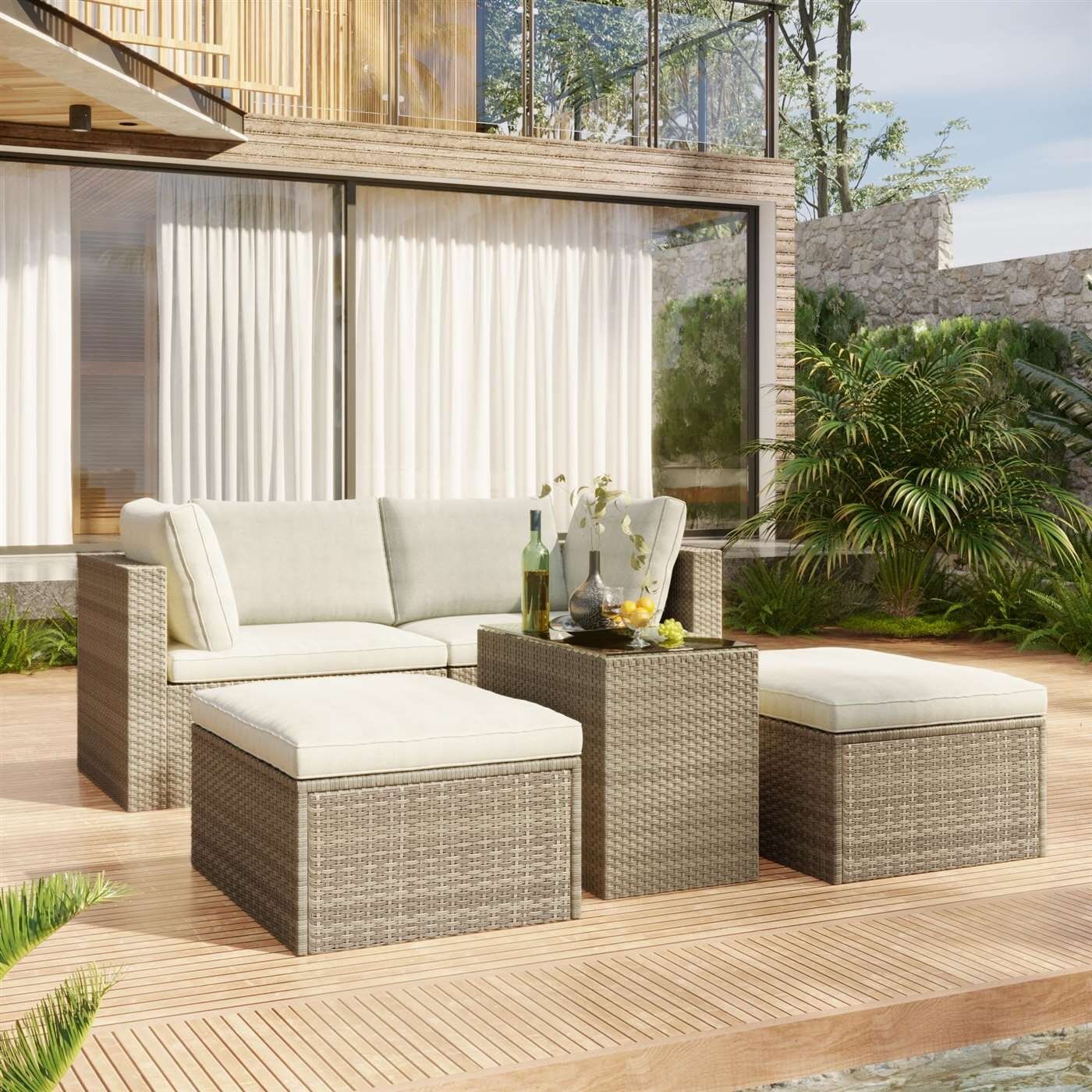 Latitude Run® Outdoor Patio Furniture Set, 5 Piece Wicker Rattan Sectional  Sofa Set, Brown And Beige | Wayfair Inside Outdoor Rattan Sectional Sofas With Coffee Table (View 6 of 15)