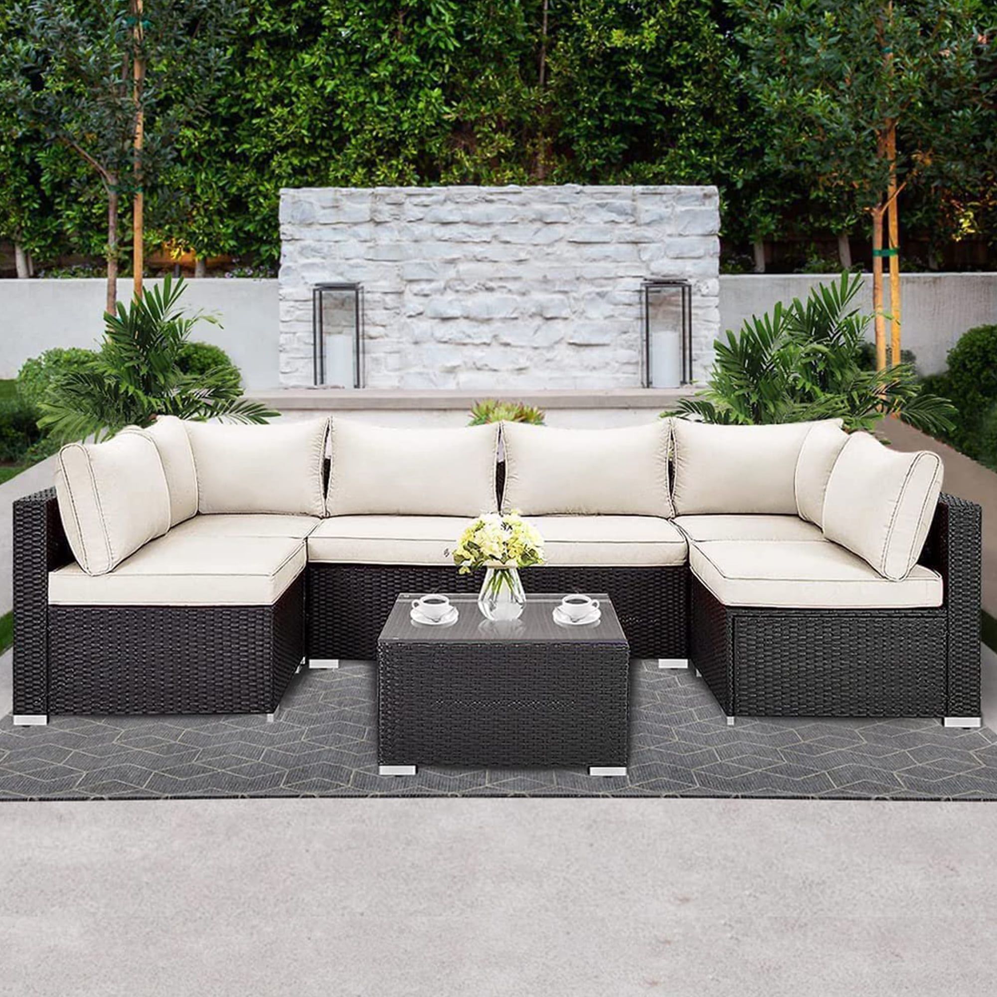Lausaint Home 7 Pieces Patio Conversation Set, Outdoor Sectional Pe Rattan  Wicker Furniture Seat (beige) – Walmart Regarding Patio Rattan Wicker Furniture (View 11 of 15)