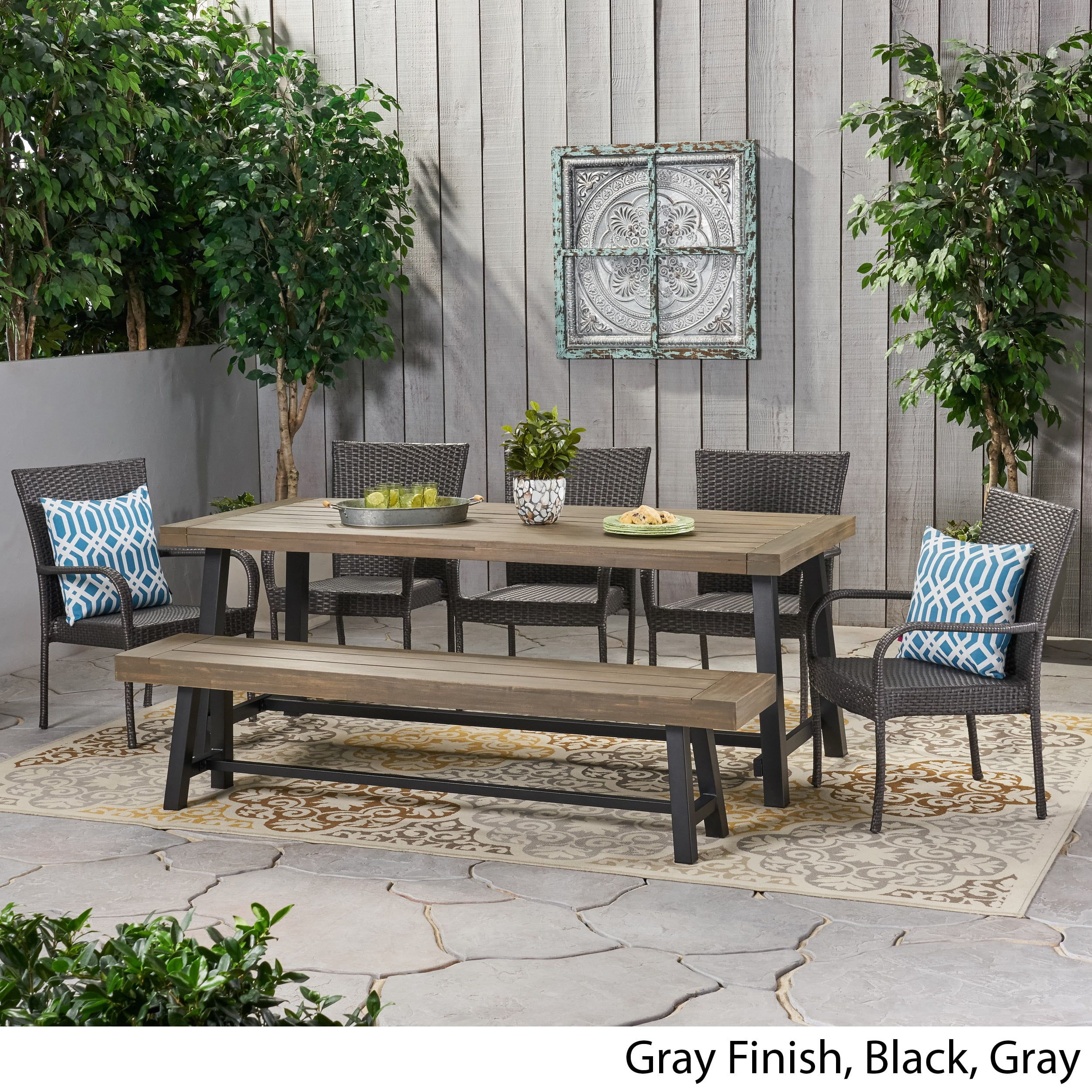 Logan Outdoor Rustic Acacia Wood 8 Seater Dining Set With Dining Bench,  Gray And Black – Walmart In Outdoor Terrace Bench Wood Furniture Set (View 4 of 15)