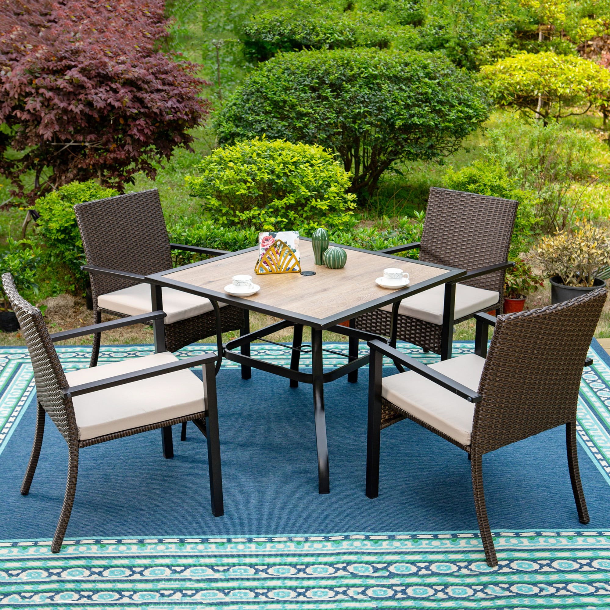 Mf Studio 5 Piece Outdoor Patio Dining Set With 4 Pcs Rattan Cushioned  Armchairs& 1 Pc Square Table, Dark Brown – Walmart With 5 Piece Patio Furniture Set (View 11 of 15)