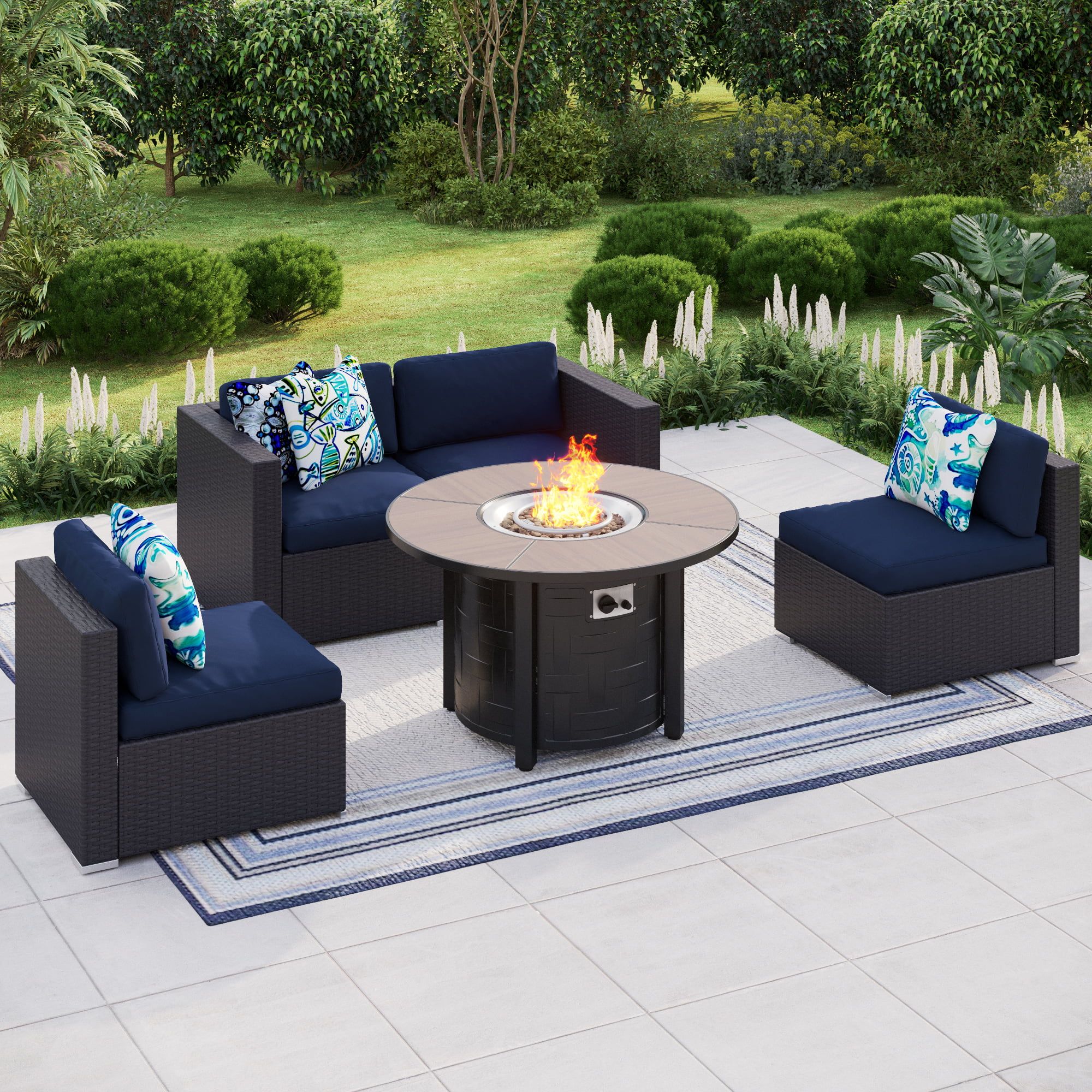 Mf Studio 5 Piece Outdoor Sectional With Propane Fire Pit Table With Lid –  Walmart With Fire Pit Table Wicker Sectional Sofa Set (View 13 of 15)