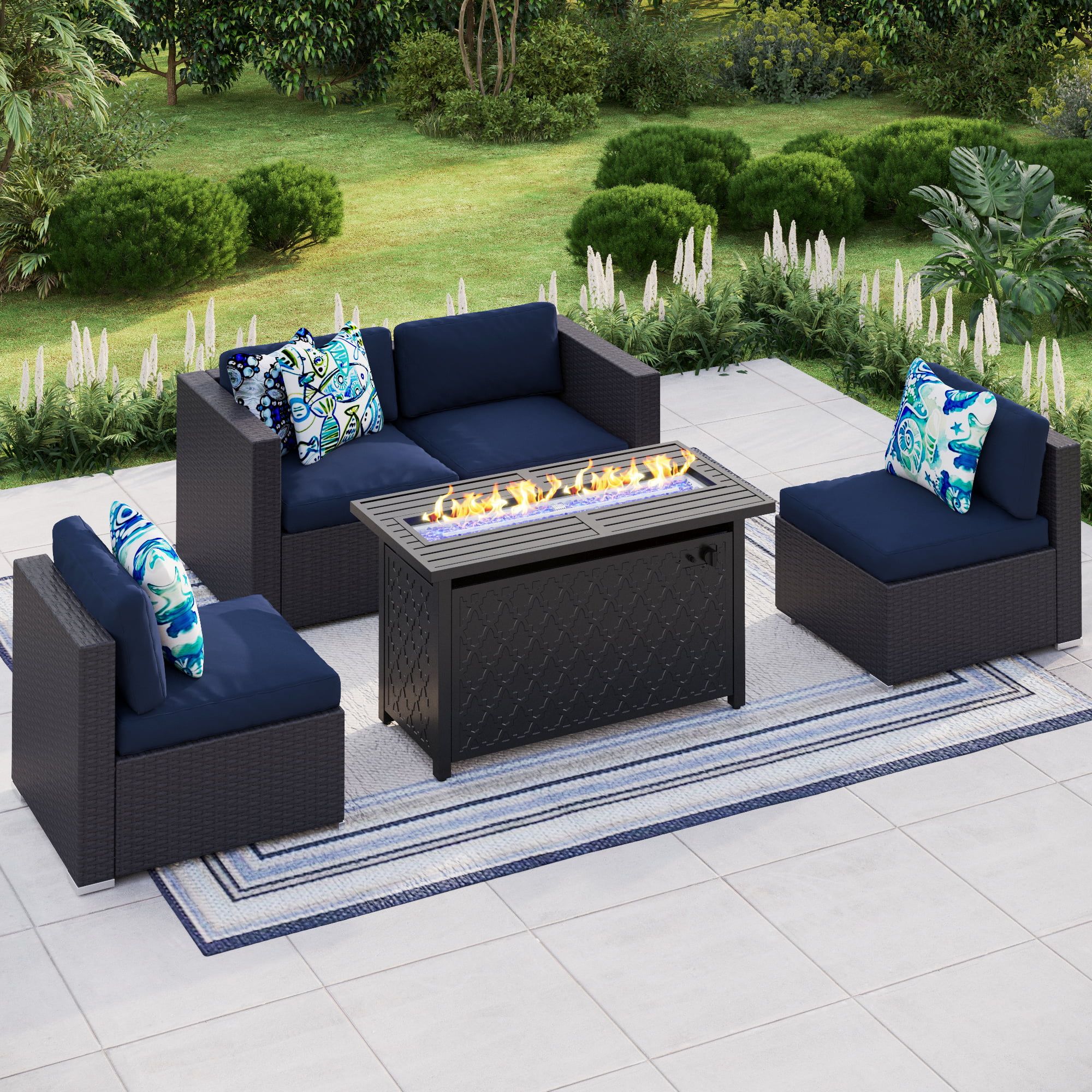 Mf Studio 5pcs Gas Fire Pit Table Set, 4pcs Patio Conversation Sets With 45  Inch Rectangular Outdoor Firepits, Bluel Fire Glass And Lid For Free, Black  – Walmart Throughout Fire Pit Table Wicker Sectional Sofa Conversation Set (Photo 10 of 15)