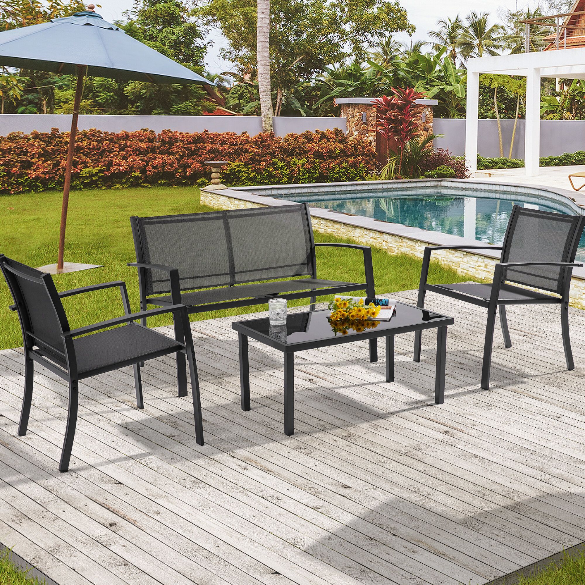 Missbrella All Weather Patio Furniture 4 Piece Chair Sets, Pvc Coated  Polyester Bistro Chairs With Loveseat And Coffee Table For Lawn, Deck And  Balcony | Wayfair Regarding Loveseat Chairs For Backyard (View 11 of 15)