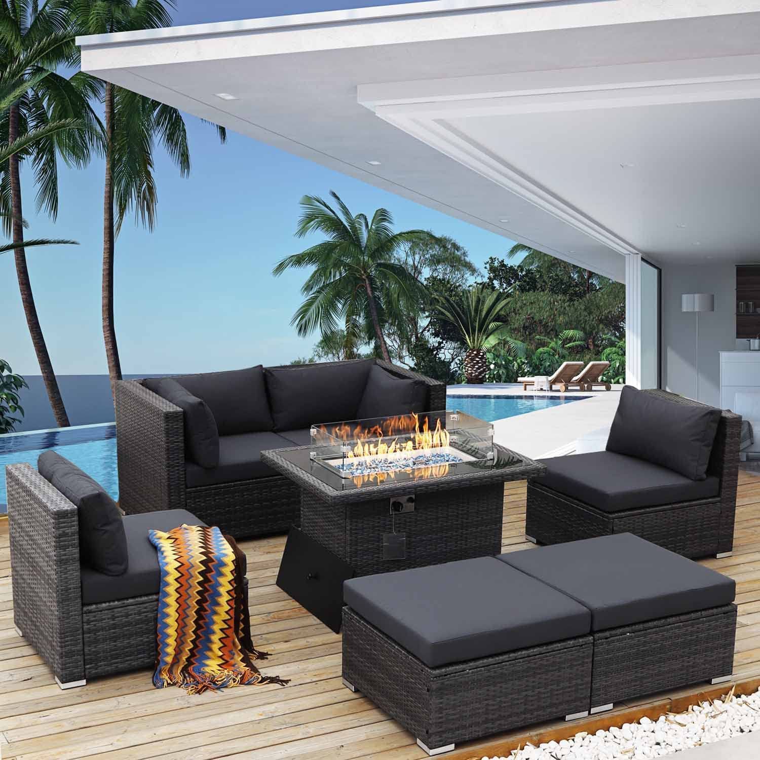 Nicesoul 7 Pcs Outdoor Sofa Sets With Fire Pit Table Wicker, Dark Grey –  Walmart Regarding Fire Pit Table Wicker Sectional Sofa Set (View 2 of 15)