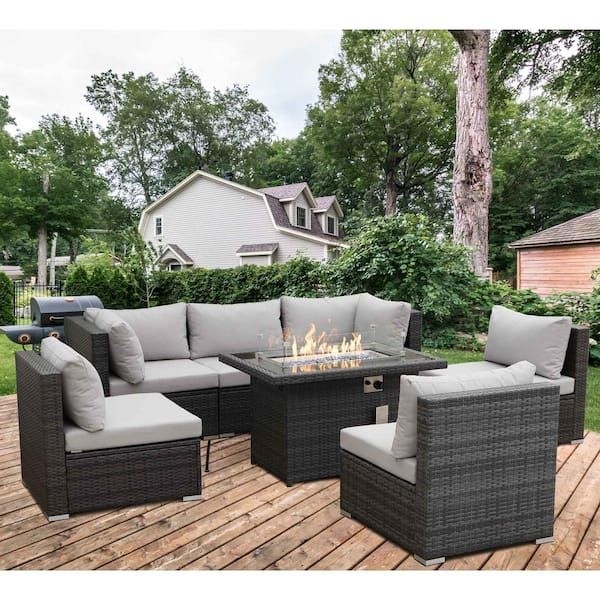 Nicesoul Gray 7 Piece Wicker Patio Conversation Set Deep Sectional Seating  Set With Light Gray Cushions And Fire Pit Table Hh 3021lg – The Home Depot Throughout Fire Pit Table Wicker Sectional Sofa Set (View 8 of 15)