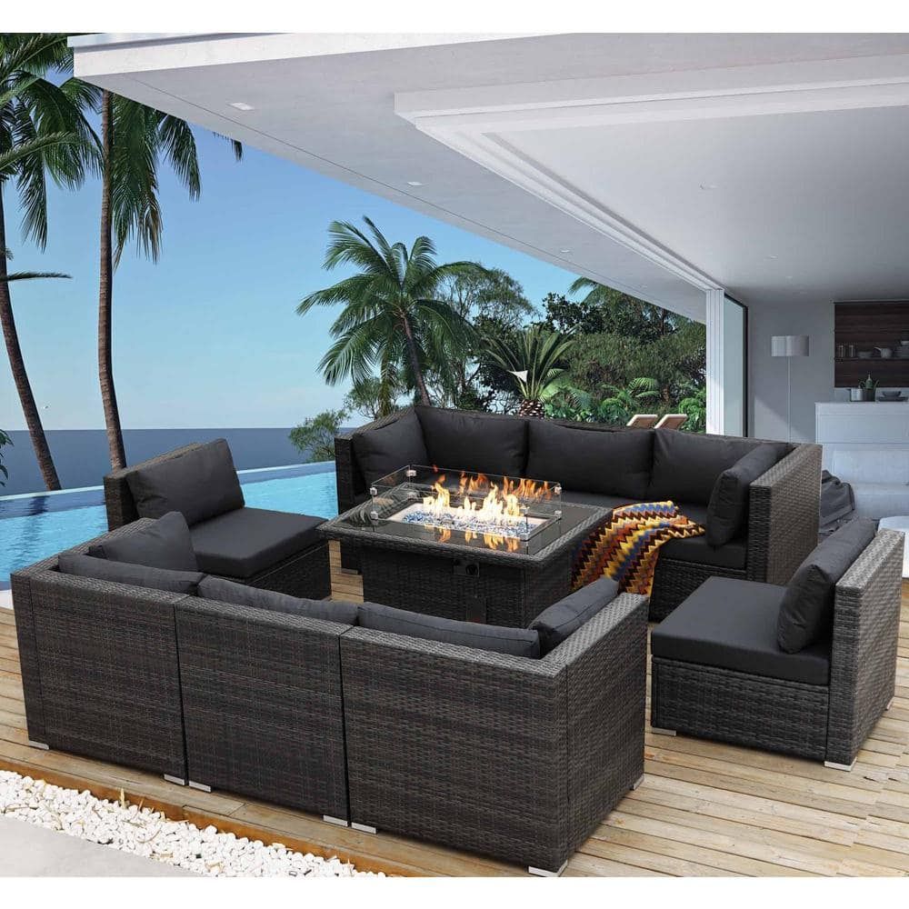Nicesoul Gray 9 Piece Wicker Patio Conversation Set Deep Sectional Seating  Set With Charcoal Cushions And Fire Pit Table Hh 3022g – The Home Depot Pertaining To Fire Pit Table Wicker Sectional Sofa Conversation Set (Photo 2 of 15)